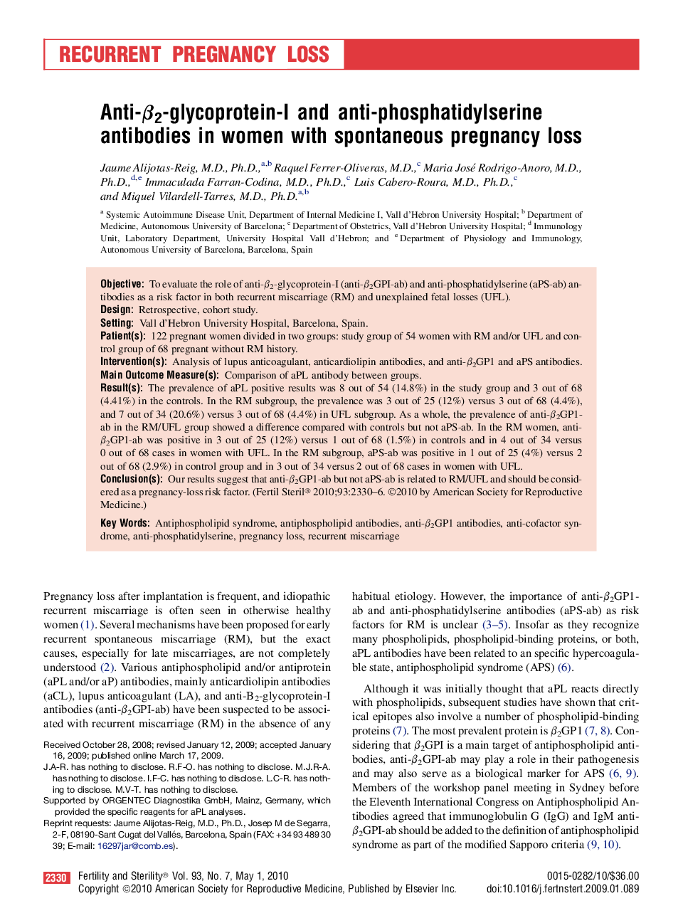 Anti-β2-glycoprotein-I and anti-phosphatidylserine antibodies in women with spontaneous pregnancy loss 