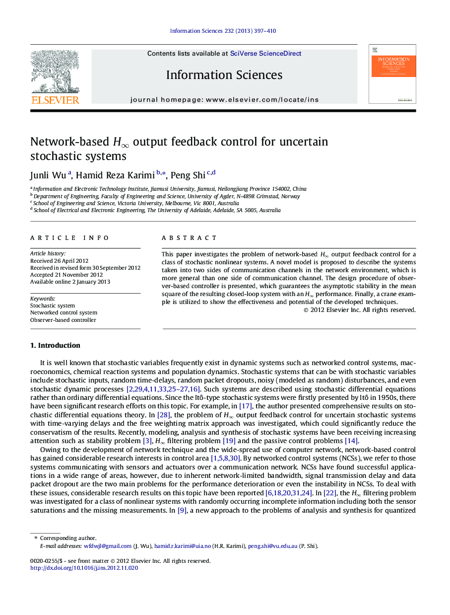 Network-based H∞ output feedback control for uncertain stochastic systems