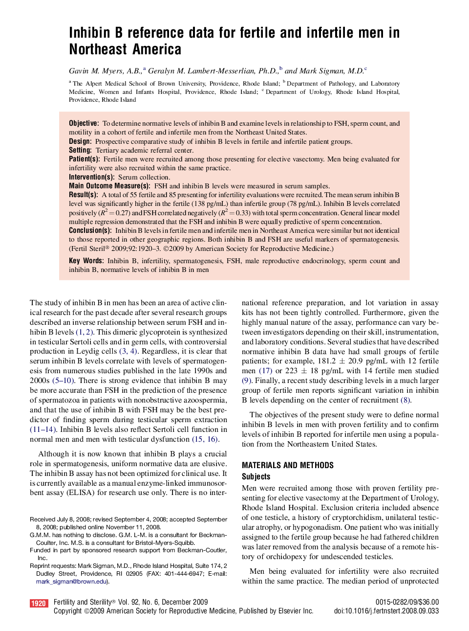 Inhibin B reference data for fertile and infertile men in Northeast America 