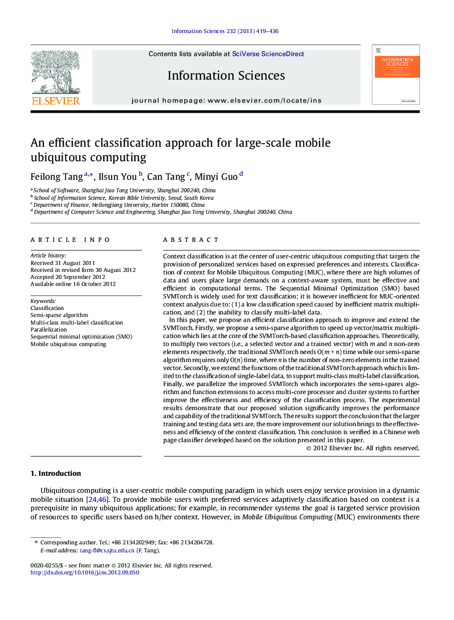 An efficient classification approach for large-scale mobile ubiquitous computing