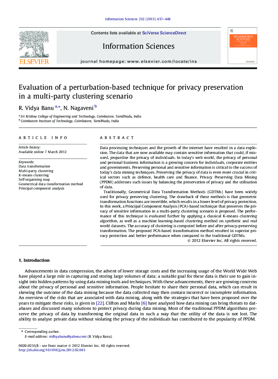 Evaluation of a perturbation-based technique for privacy preservation in a multi-party clustering scenario