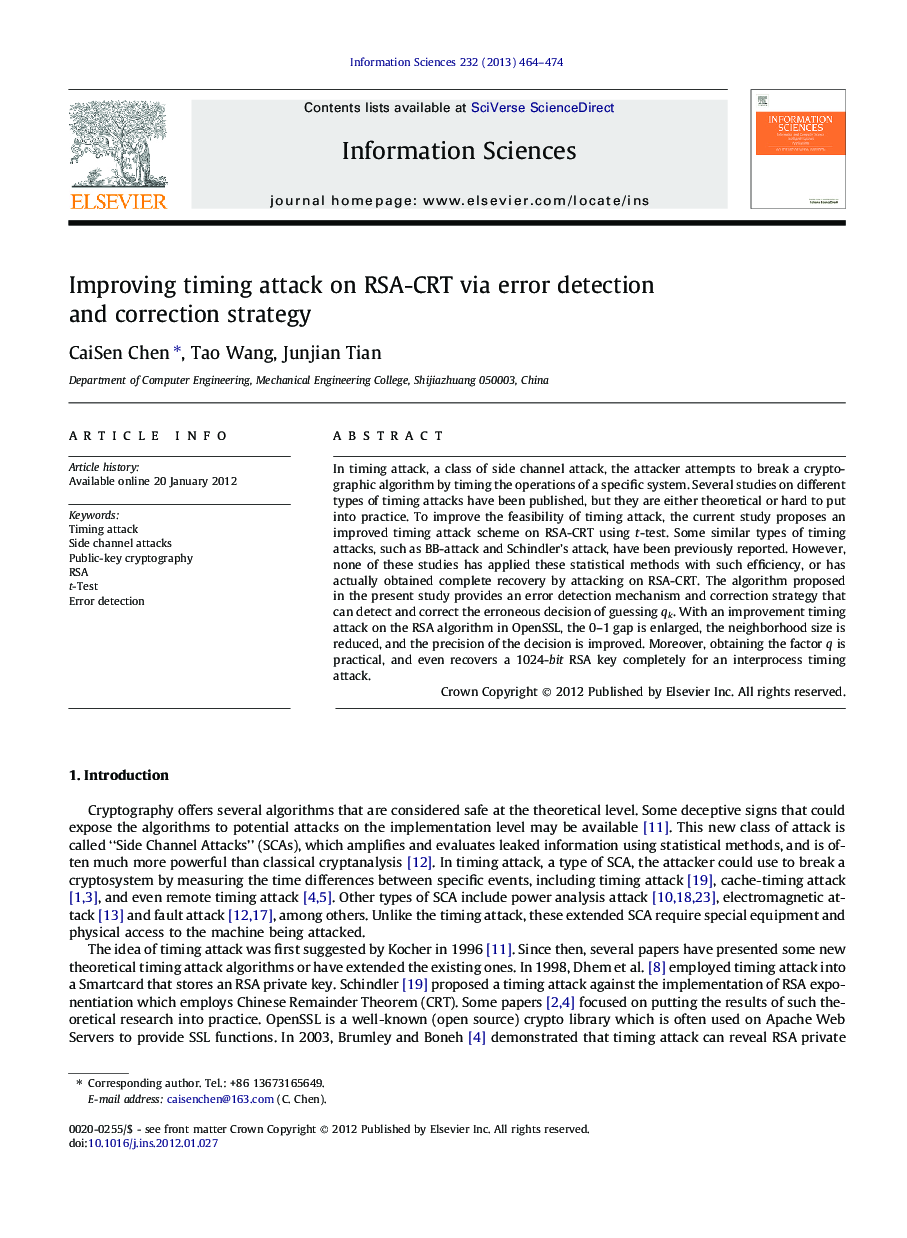 Improving timing attack on RSA-CRT via error detection and correction strategy