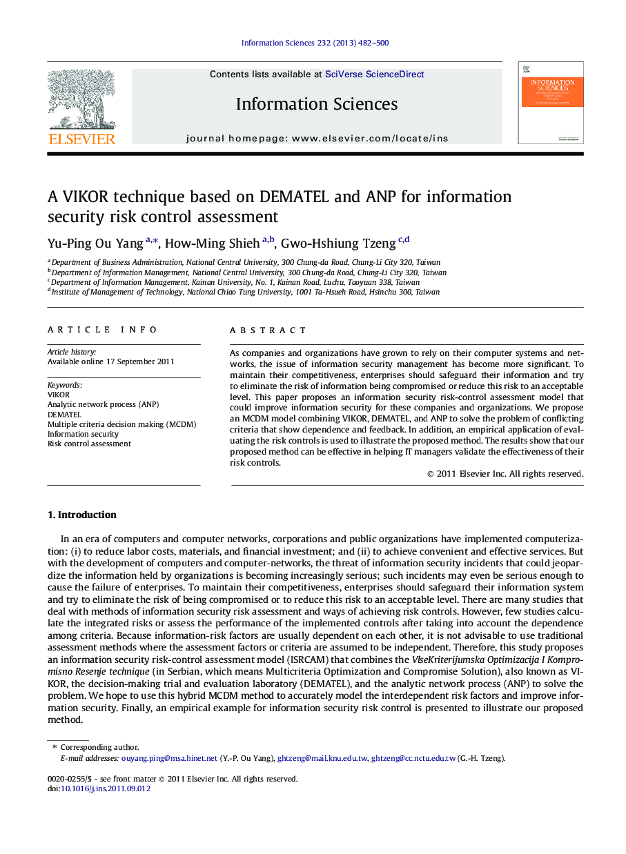 A VIKOR technique based on DEMATEL and ANP for information security risk control assessment