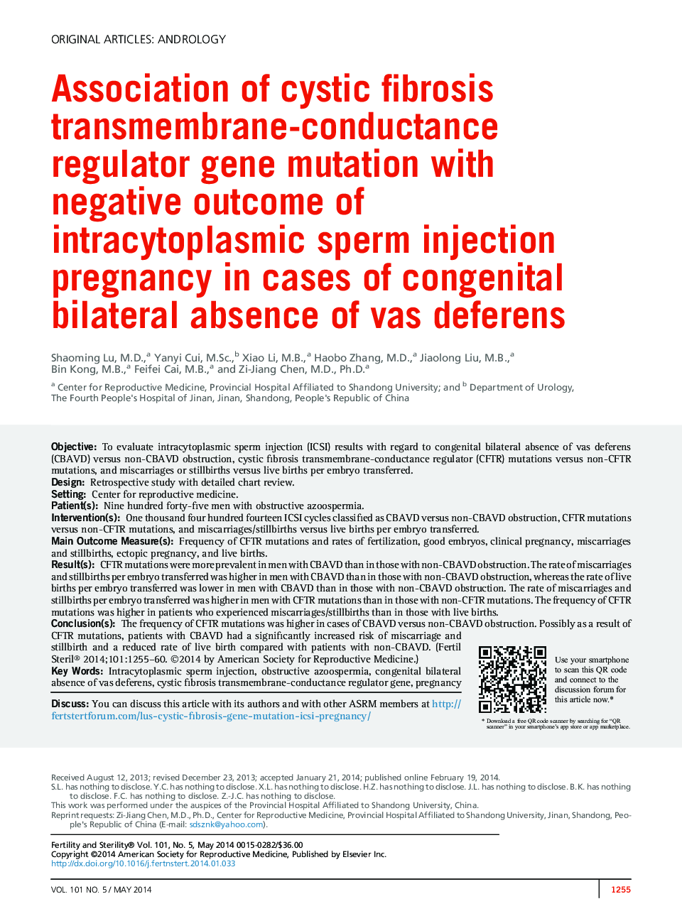 Association of cystic fibrosis transmembrane-conductance regulator gene mutation with negative outcome of intracytoplasmic sperm injection pregnancy in cases of congenital bilateral absence of vas deferens