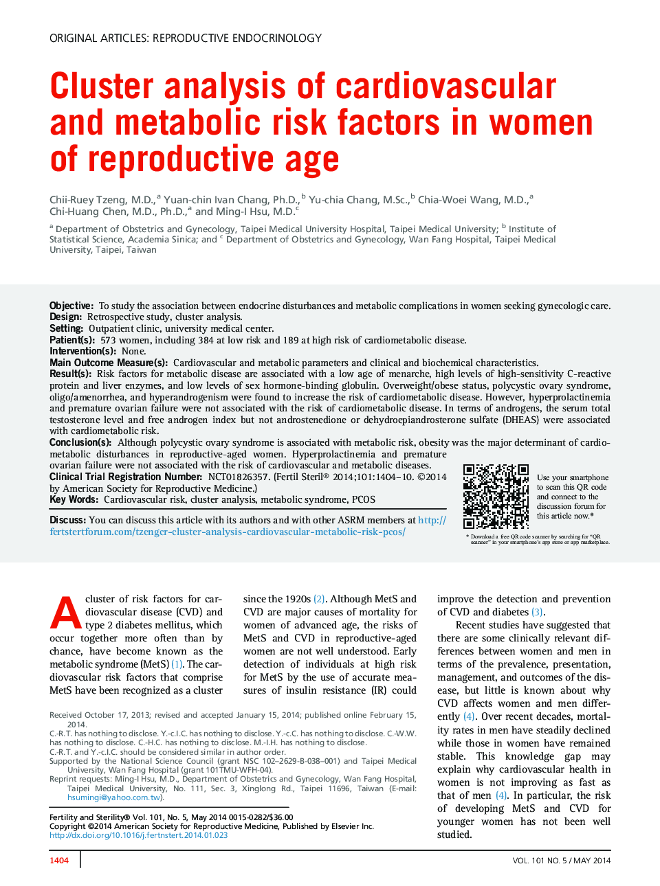 Cluster analysis of cardiovascular and metabolic risk factors in women of reproductive age