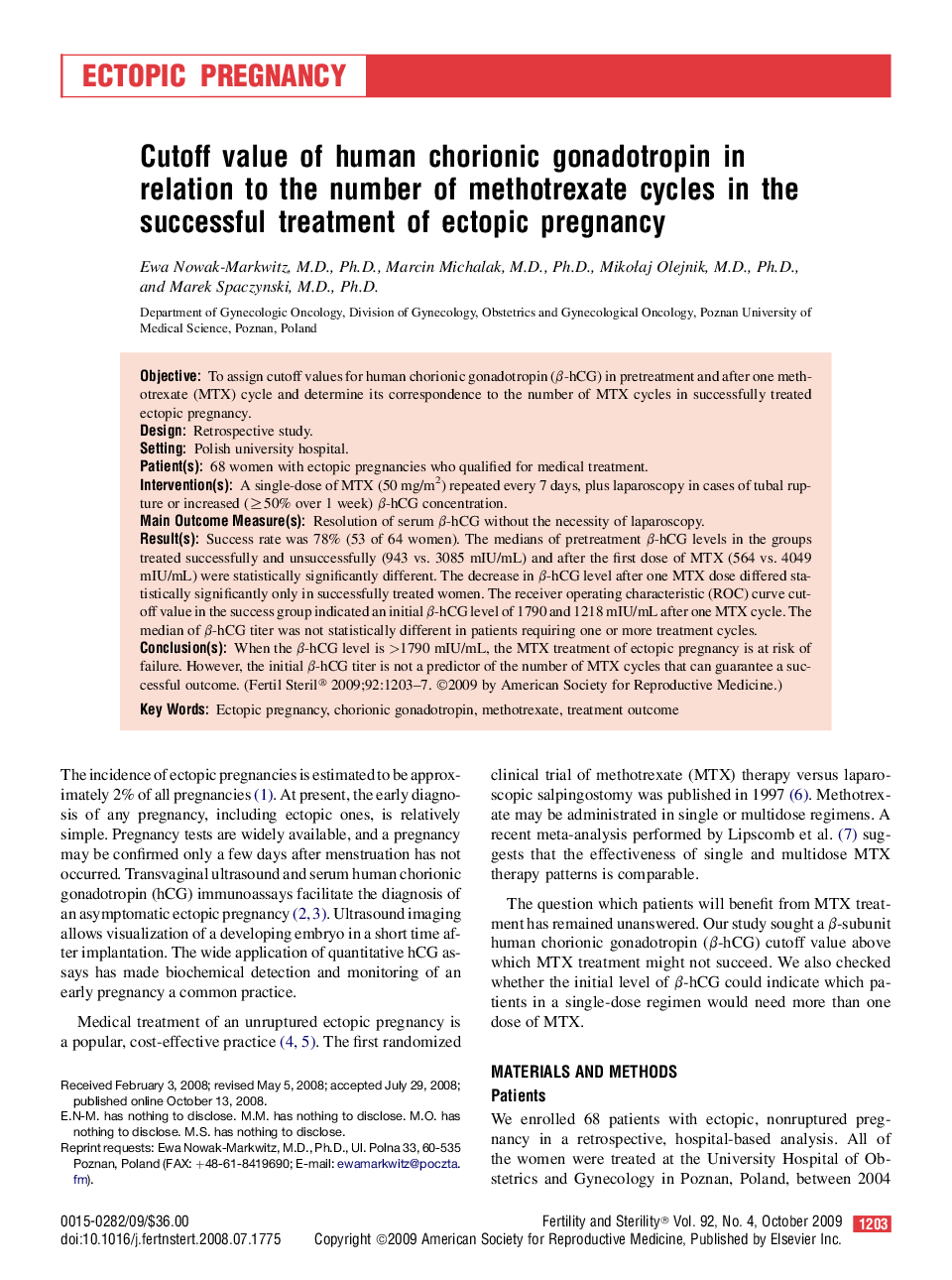 Cutoff value of human chorionic gonadotropin in relation to the number of methotrexate cycles in the successful treatment of ectopic pregnancy 