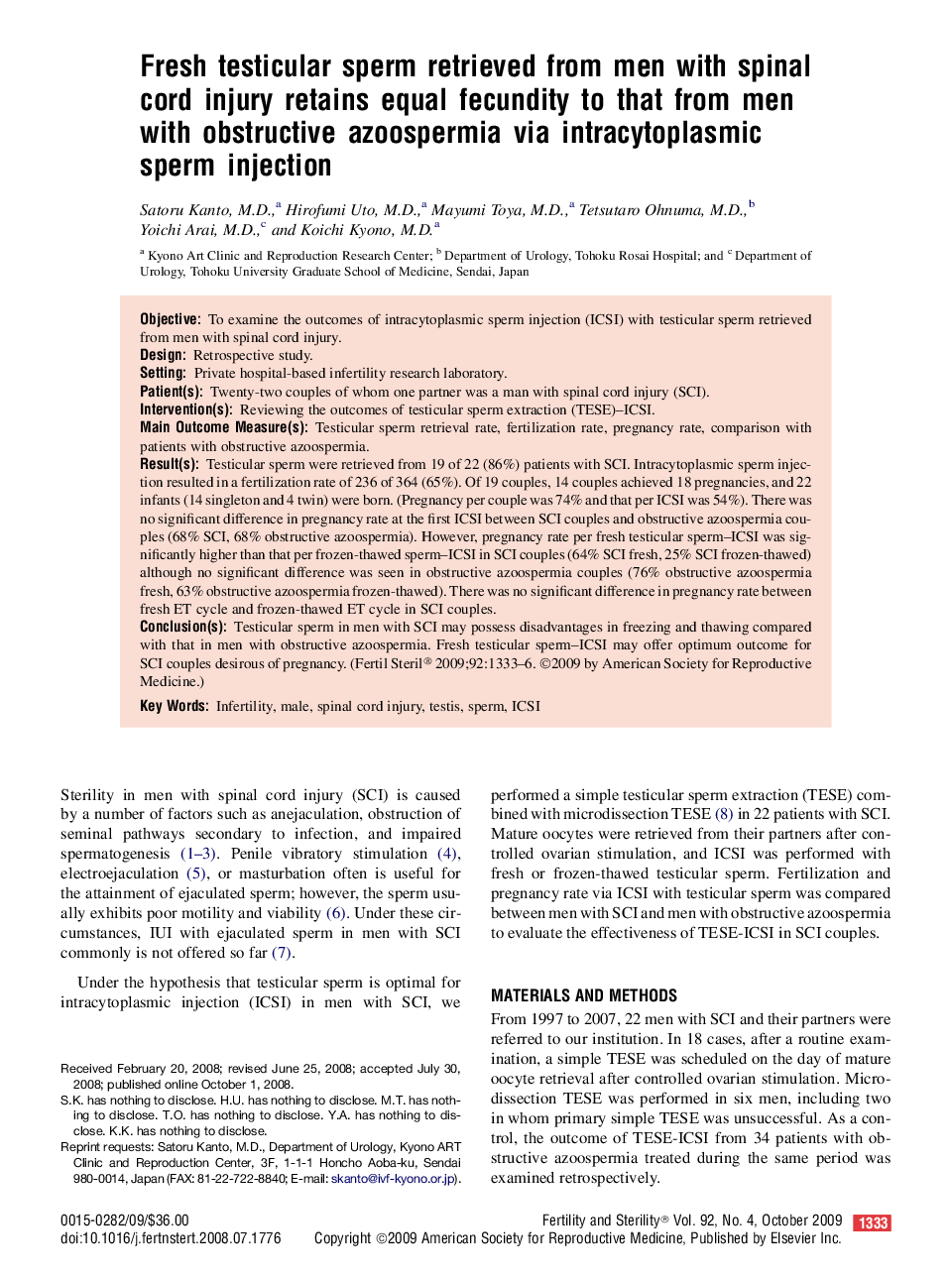 Fresh testicular sperm retrieved from men with spinal cord injury retains equal fecundity to that from men with obstructive azoospermia via intracytoplasmic sperm injection 