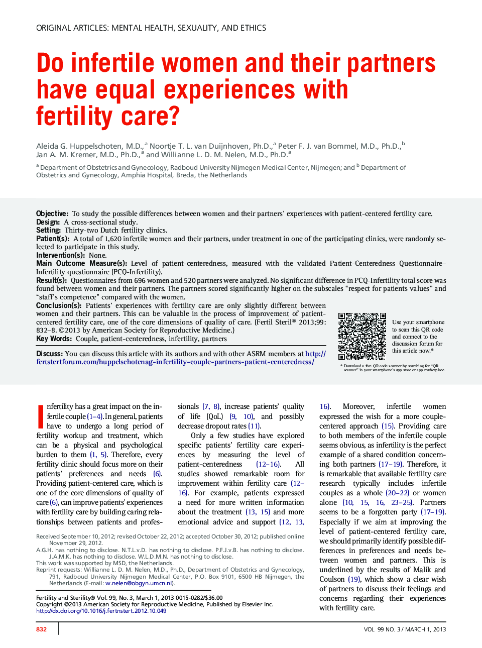 Do infertile women and their partners have equal experiences with fertility care? 