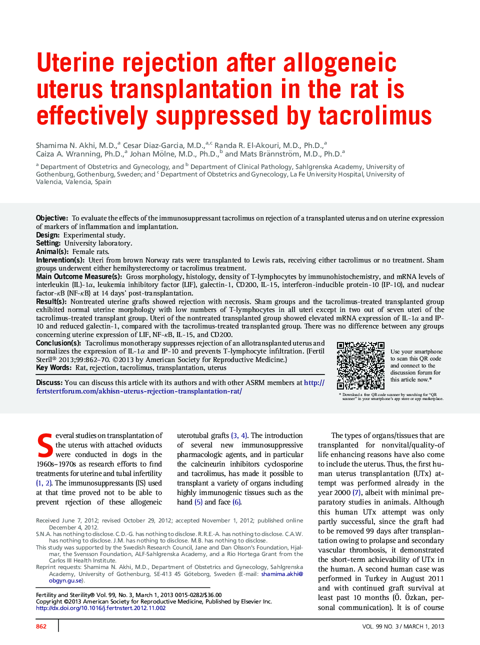 Uterine rejection after allogeneic uterus transplantation in the rat is effectively suppressed by tacrolimus 