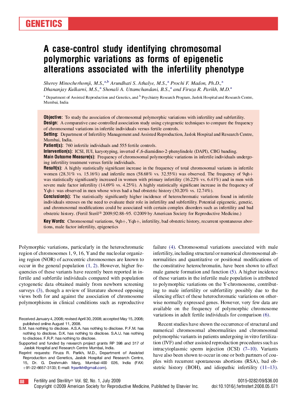 A case-control study identifying chromosomal polymorphic variations as forms of epigenetic alterations associated with the infertility phenotype 