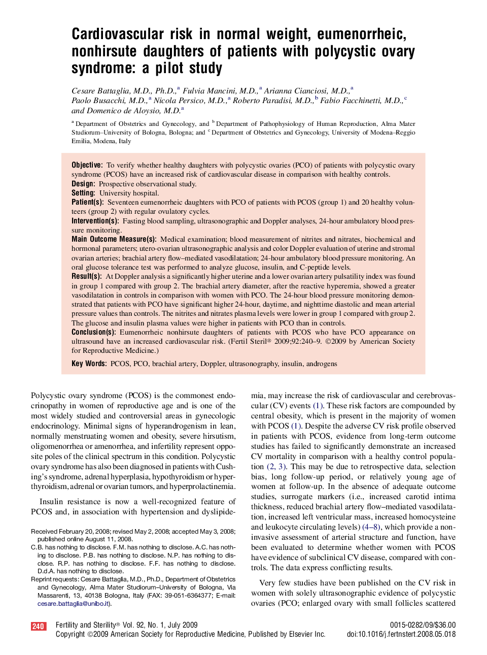 Cardiovascular risk in normal weight, eumenorrheic, nonhirsute daughters of patients with polycystic ovary syndrome: a pilot study 