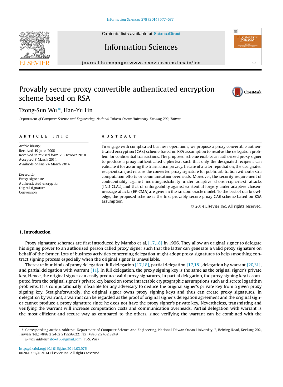 Provably secure proxy convertible authenticated encryption scheme based on RSA