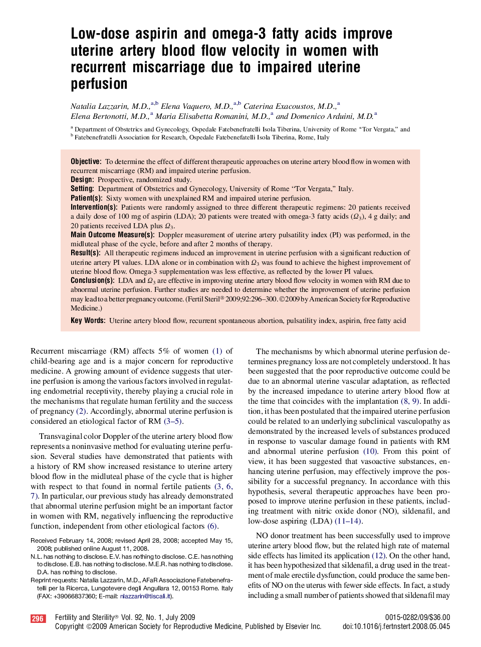 عکس صفحه اول مقاله: Low-dose aspirin and omega-3 fatty acids improve uterine artery blood flow velocity in women with recurrent miscarriage due to impaired uterine perfusion Low-dose aspirin and omega-3 fatty acids improve uterine artery blood flow velocity in women with recurrent miscarriage due to impaired uterine perfusion