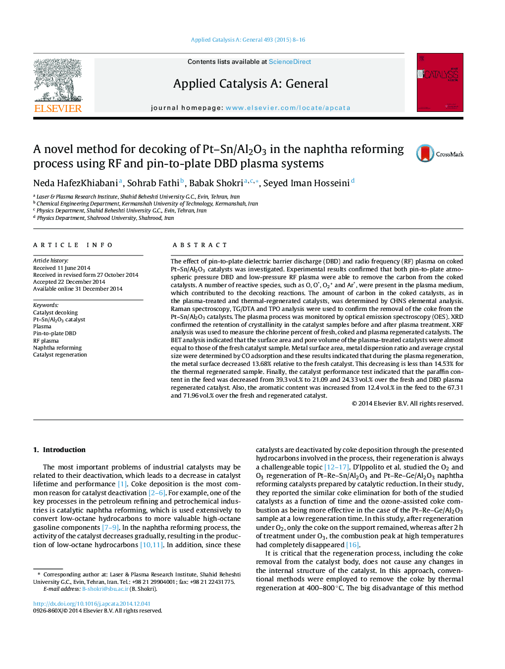 A novel method for decoking of Pt–Sn/Al2O3 in the naphtha reforming process using RF and pin-to-plate DBD plasma systems