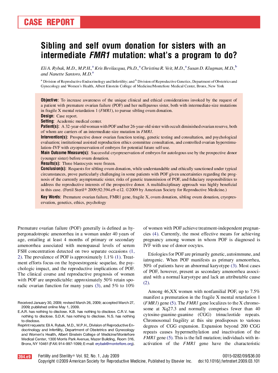 Sibling and self ovum donation for sisters with an intermediate FMR1 mutation: what's a program to do?