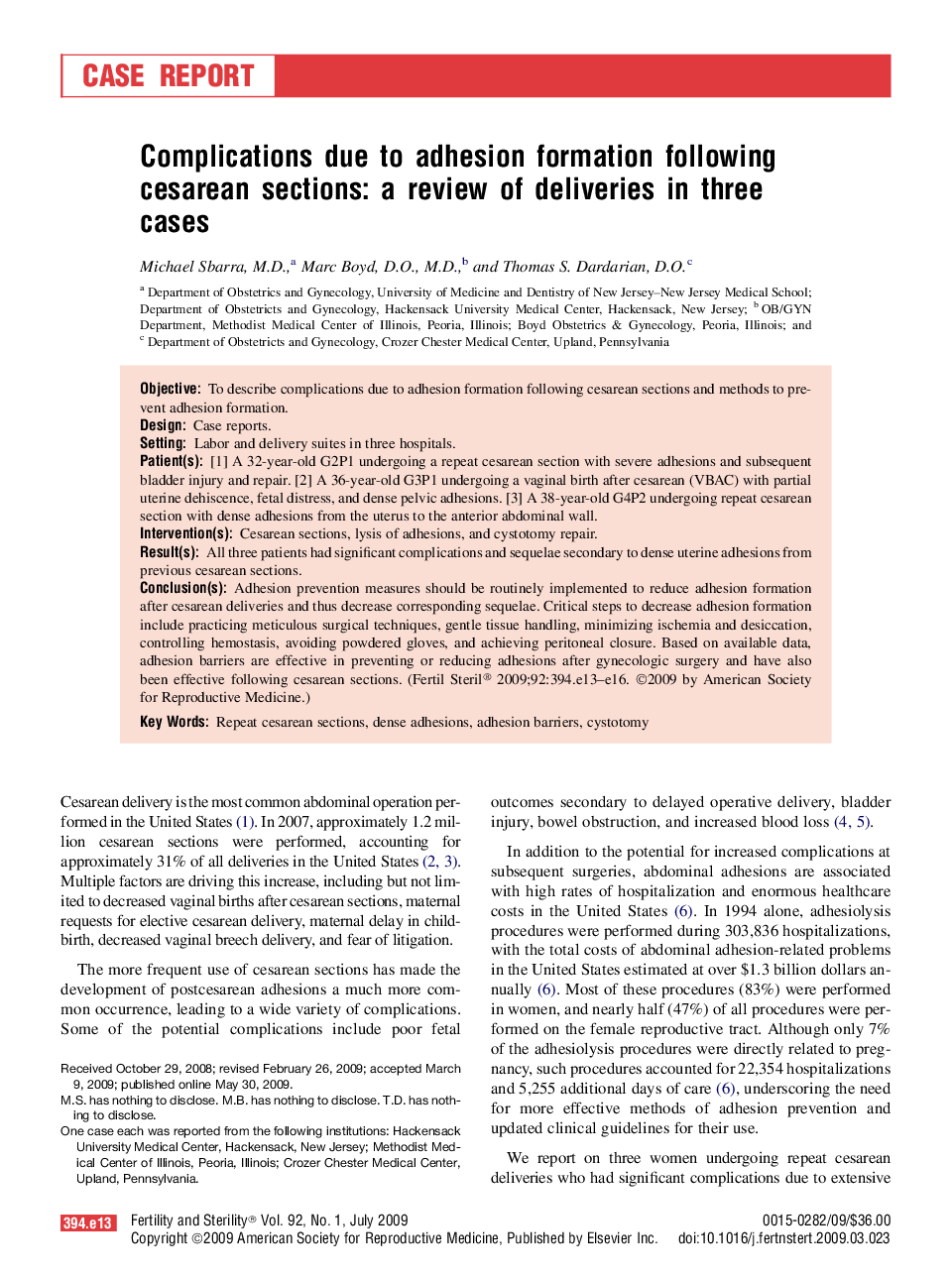 Complications due to adhesion formation following cesarean sections: a review of deliveries in three cases