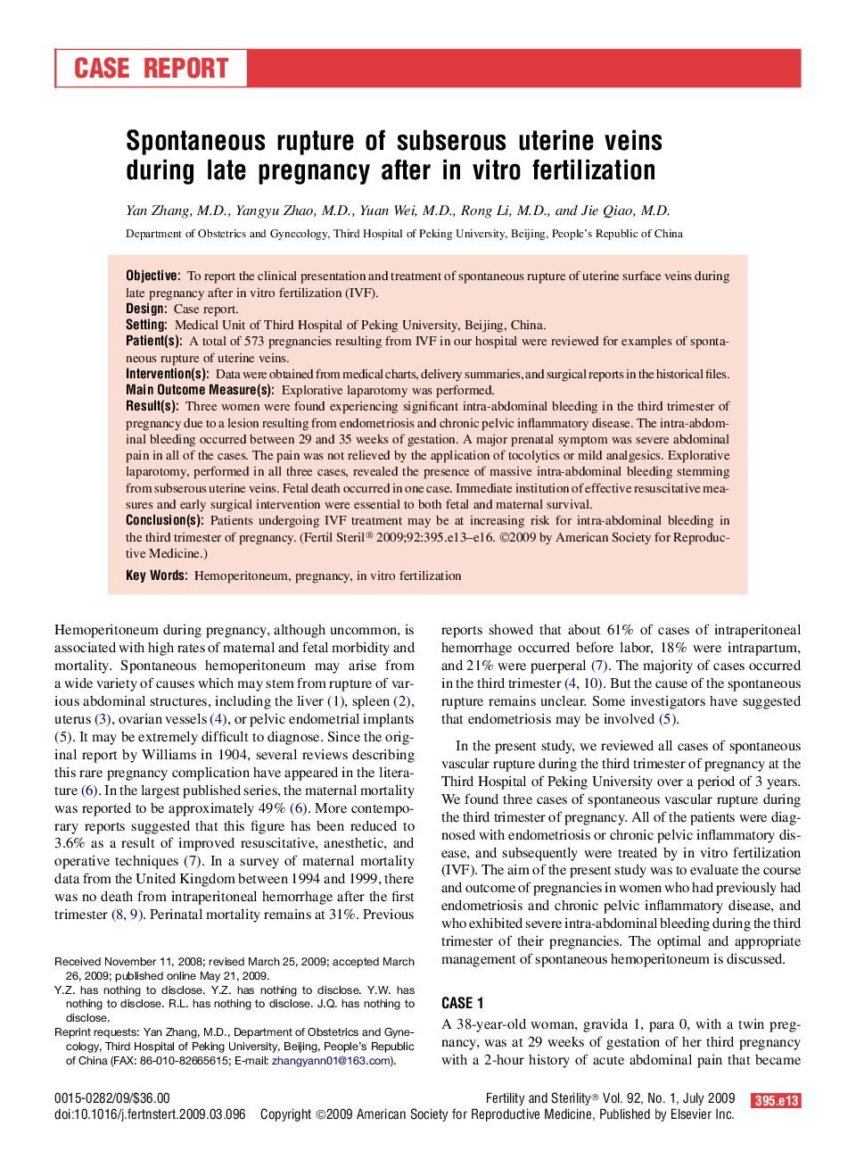 Spontaneous rupture of subserous uterine veins during late pregnancy after in vitro fertilization