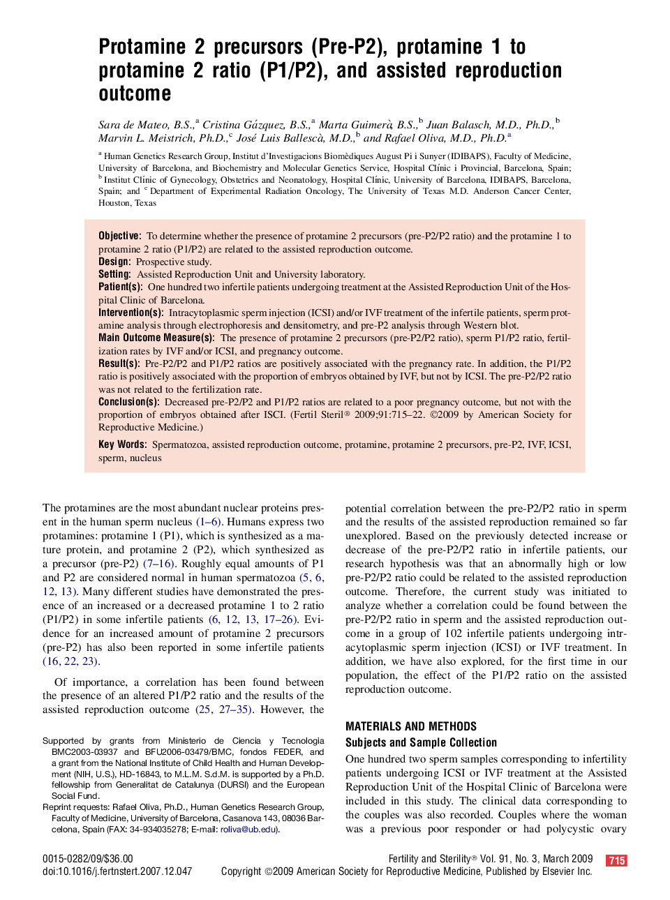 Protamine 2 precursors (Pre-P2), protamine 1 to protamine 2 ratio (P1/P2), and assisted reproduction outcome 