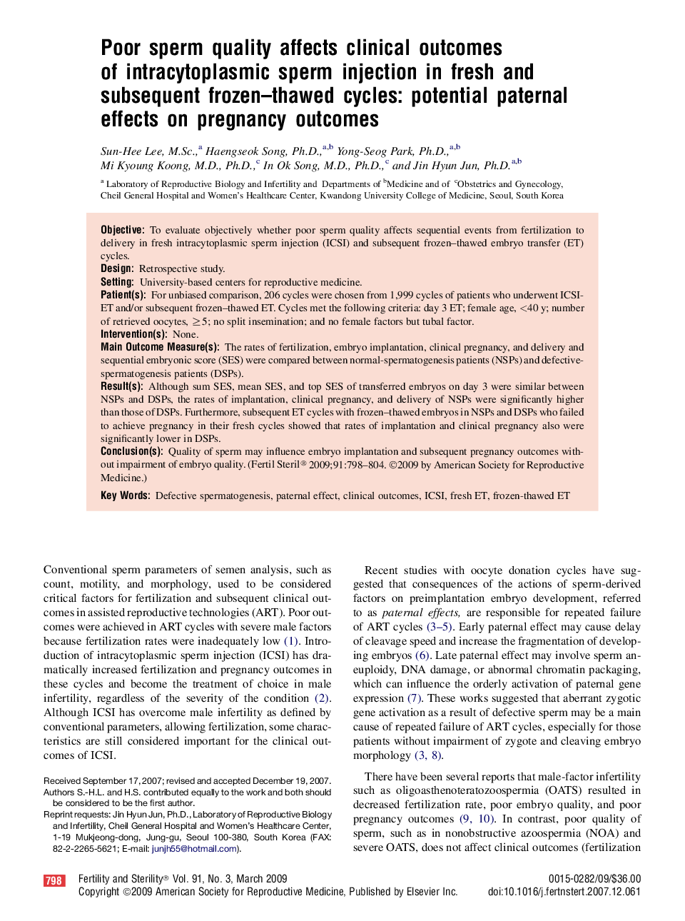 Poor sperm quality affects clinical outcomes of intracytoplasmic sperm injection in fresh and subsequent frozen–thawed cycles: potential paternal effects on pregnancy outcomes 