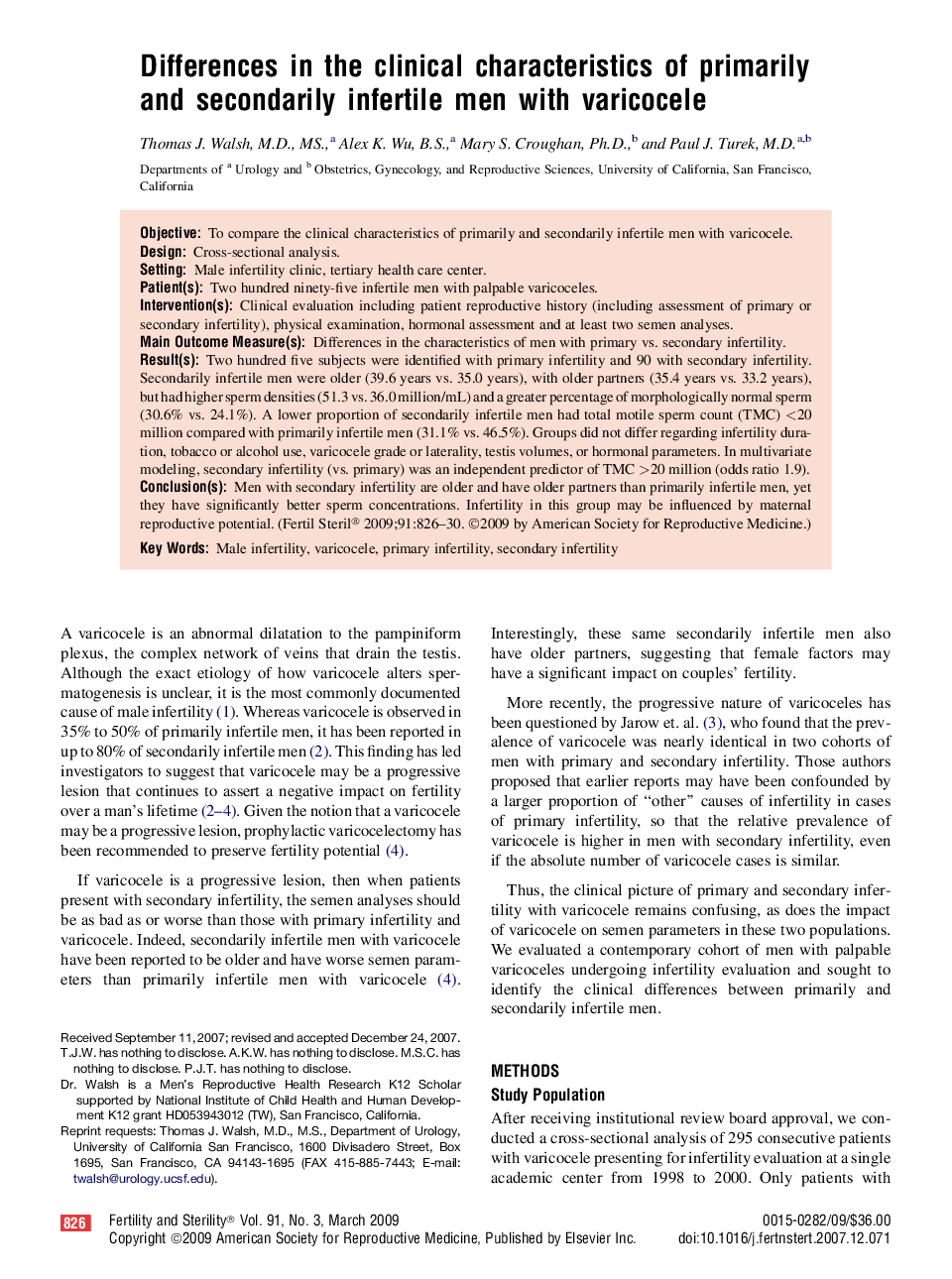 Differences in the clinical characteristics of primarily and secondarily infertile men with varicocele 