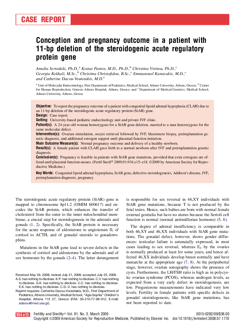 Conception and pregnancy outcome in a patient with 11-bp deletion of the steroidogenic acute regulatory protein gene