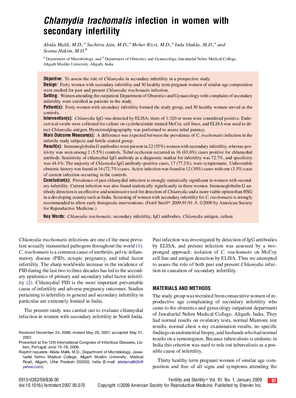 Chlamydia trachomatis infection in women with secondary infertility 