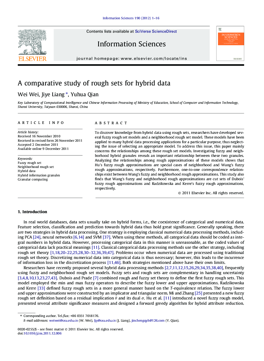 A comparative study of rough sets for hybrid data