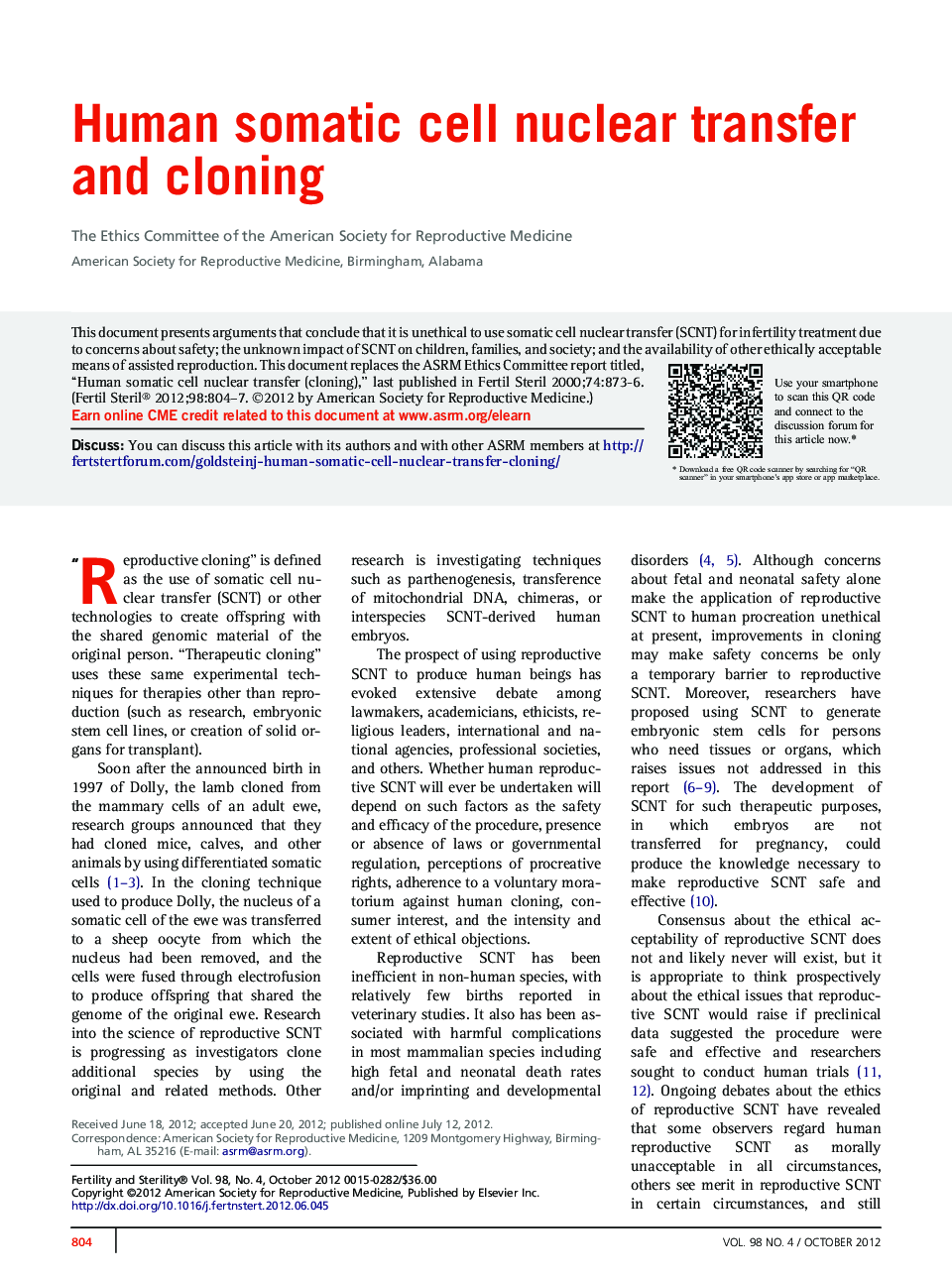 Human somatic cell nuclear transfer and cloning 
