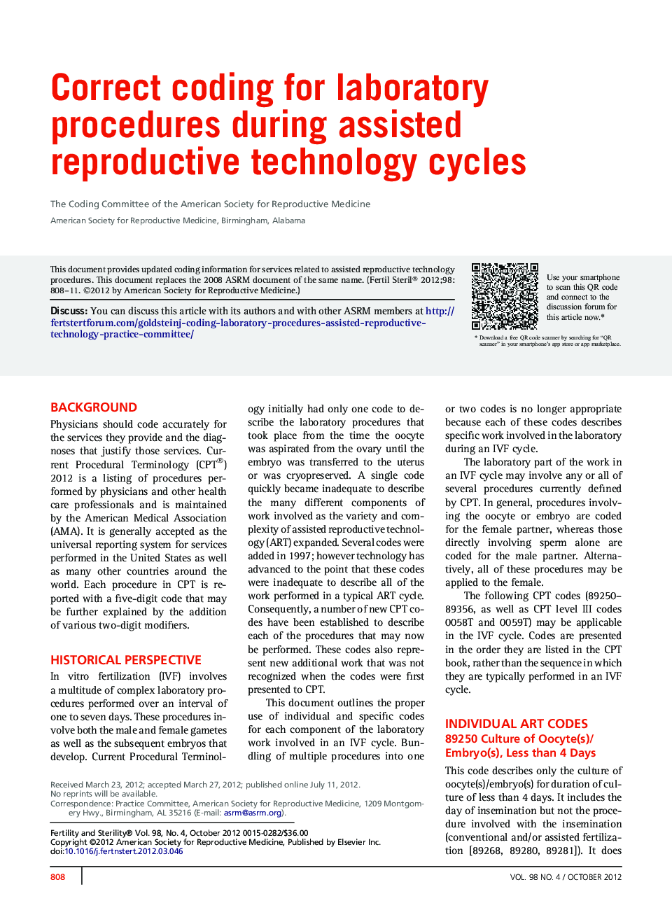 عکس صفحه اول مقاله: Correct coding for laboratory procedures during assisted reproductive technology cycles Correct coding for laboratory procedures during assisted reproductive technology cycles