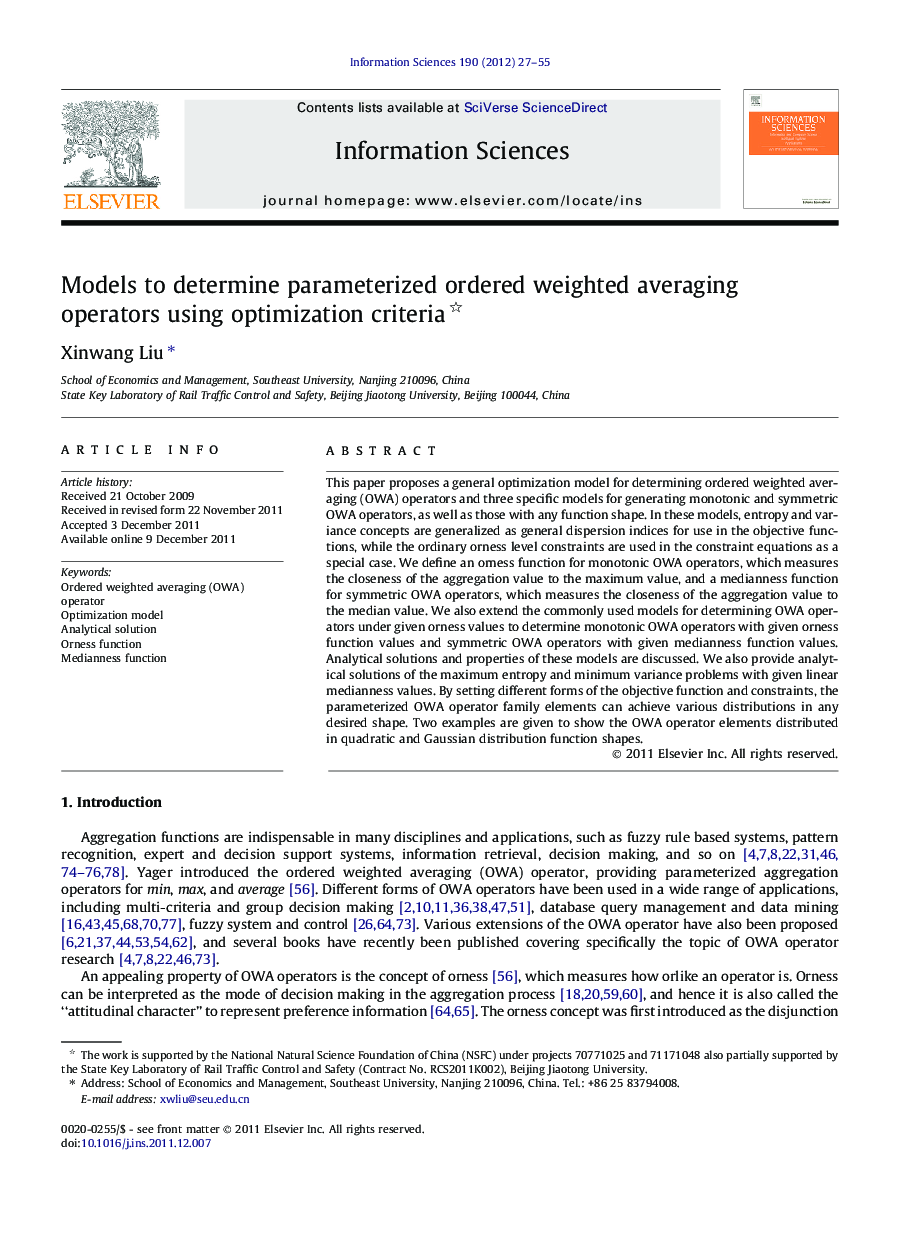 Models to determine parameterized ordered weighted averaging operators using optimization criteria 