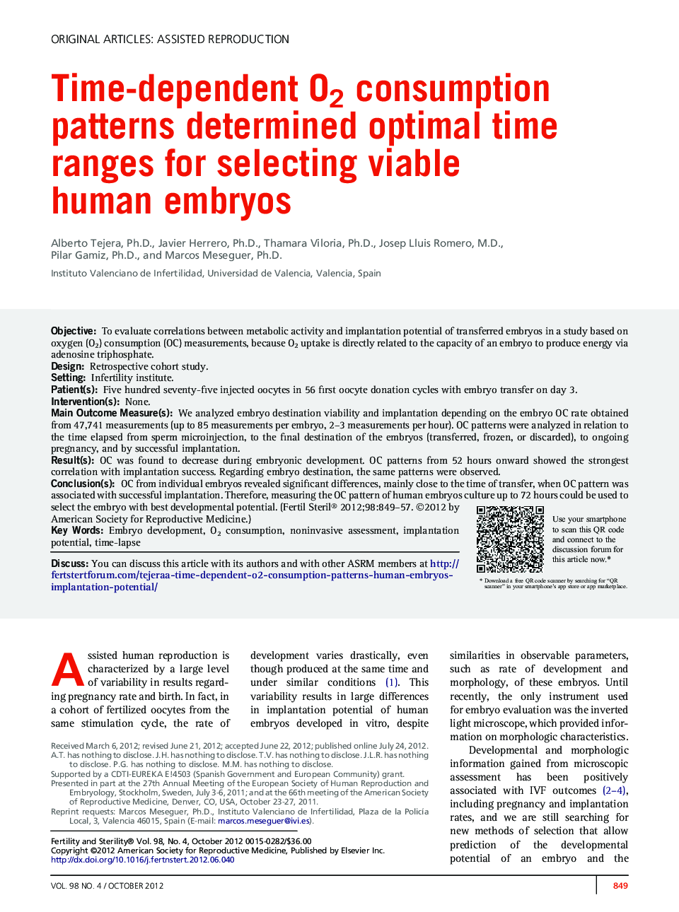 Time-dependent O2 consumption patterns determined optimal time ranges for selecting viable human embryos