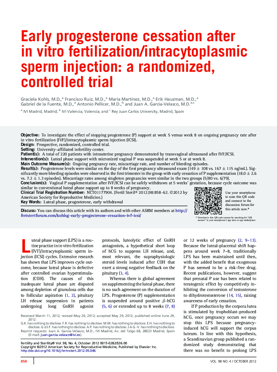 Early progesterone cessation after in vitro fertilization/intracytoplasmic sperm injection: a randomized, controlled trial 