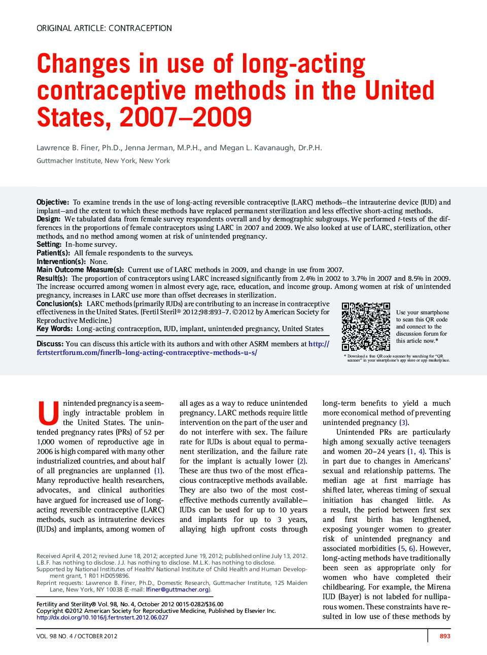 Changes in use of long-acting contraceptive methods in the United States, 2007–2009 