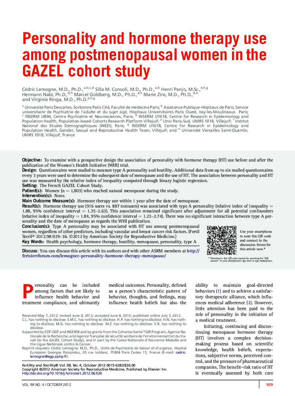 Personality and hormone therapy use among postmenopausal women in the GAZEL cohort study 