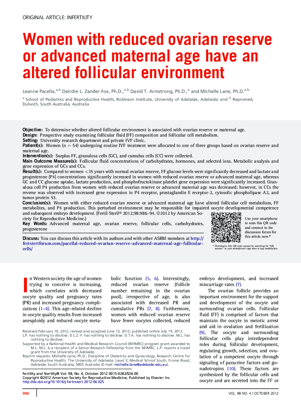 Women with reduced ovarian reserve or advanced maternal age have an altered follicular environment
