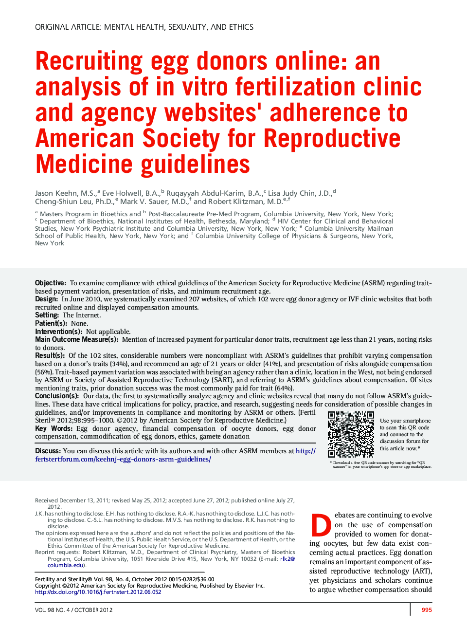 Recruiting egg donors online: an analysis of in vitro fertilization clinic and agency websites' adherence to American Society for Reproductive Medicine guidelines 