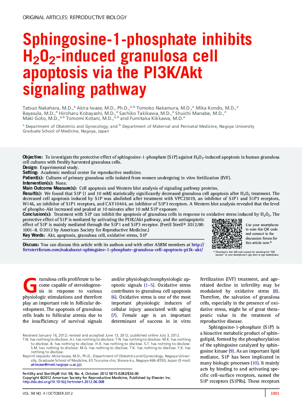 Sphingosine-1-phosphate inhibits H2O2-induced granulosa cell apoptosis via the PI3K/Akt signaling pathway