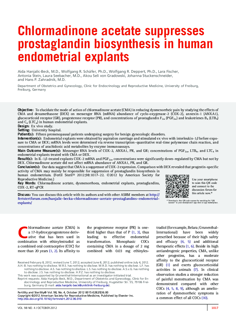Chlormadinone acetate suppresses prostaglandin biosynthesis in human endometrial explants 