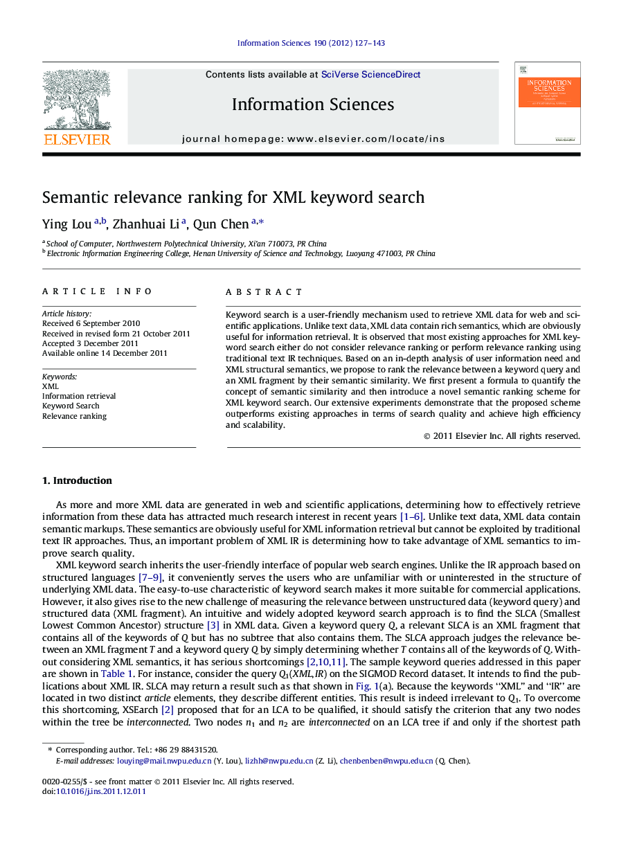 Semantic relevance ranking for XML keyword search