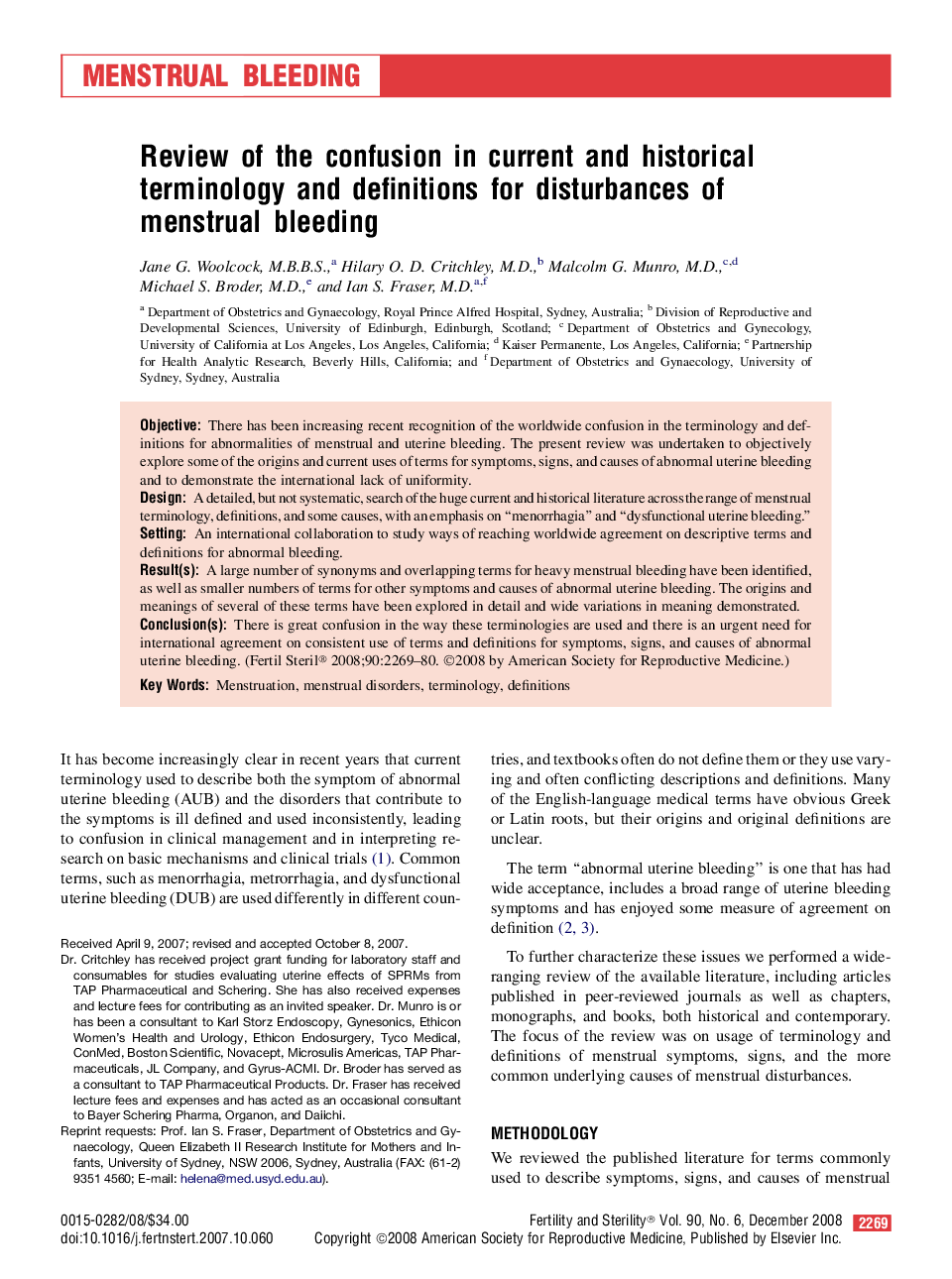 Review of the confusion in current and historical terminology and definitions for disturbances of menstrual bleeding 