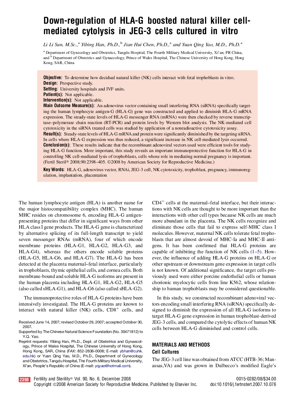 Down-regulation of HLA-G boosted natural killer cell-mediated cytolysis in JEG-3 cells cultured in vitro 