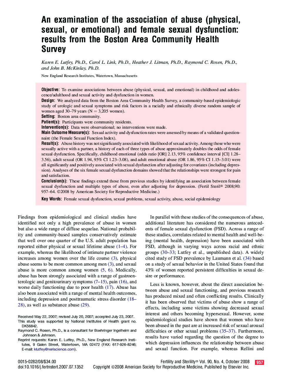 An examination of the association of abuse (physical, sexual, or emotional) and female sexual dysfunction: results from the Boston Area Community Health Survey 