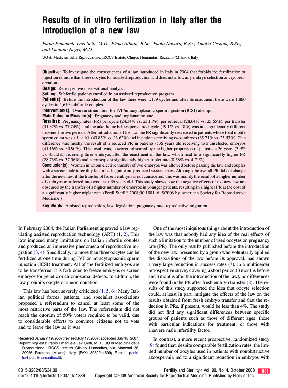 Results of in vitro fertilization in Italy after the introduction of a new law