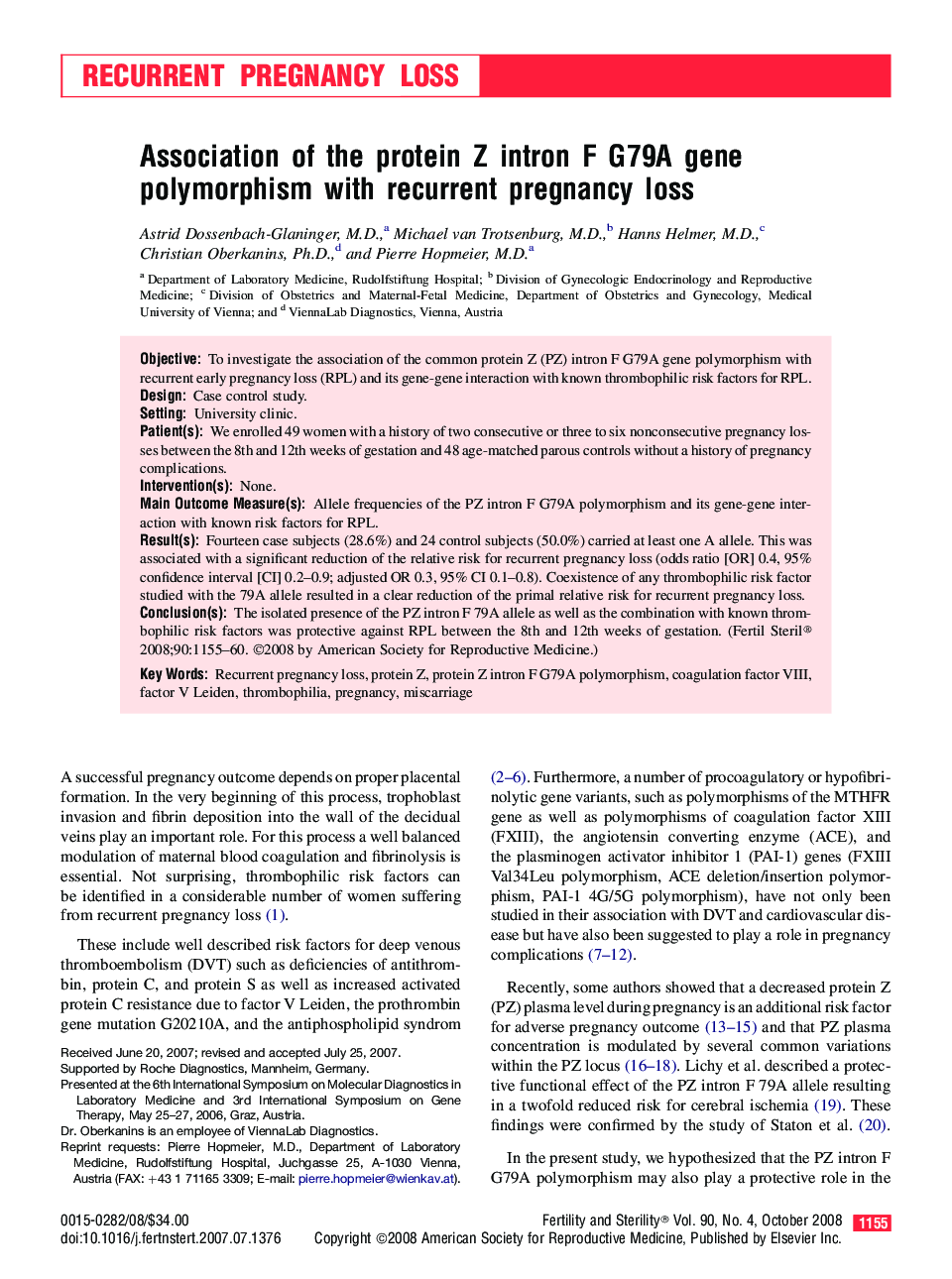 Association of the protein Z intron F G79A gene polymorphism with recurrent pregnancy loss 