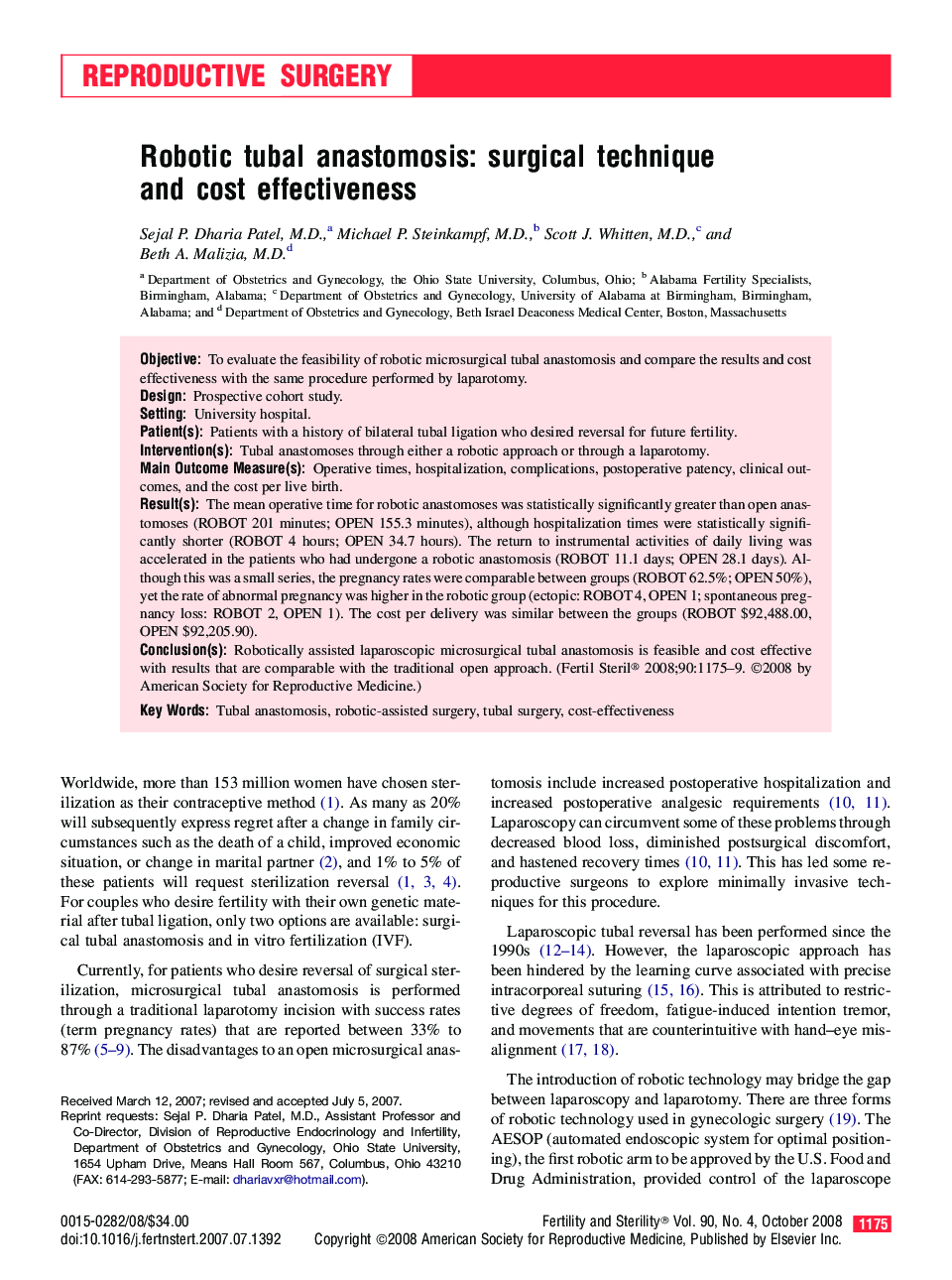 Robotic tubal anastomosis: surgical technique and cost effectiveness