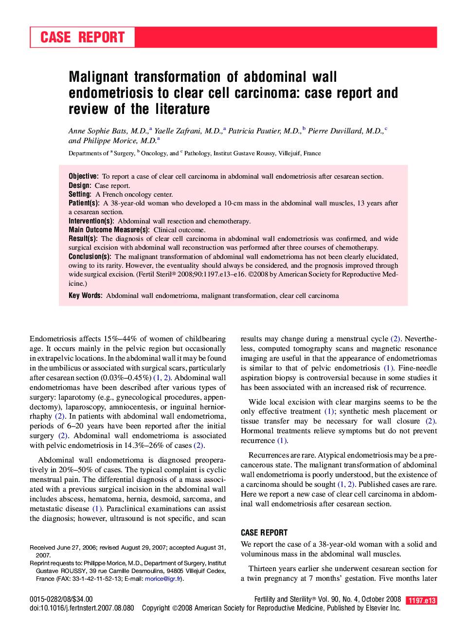 Malignant transformation of abdominal wall endometriosis to clear cell carcinoma: case report and review of the literature