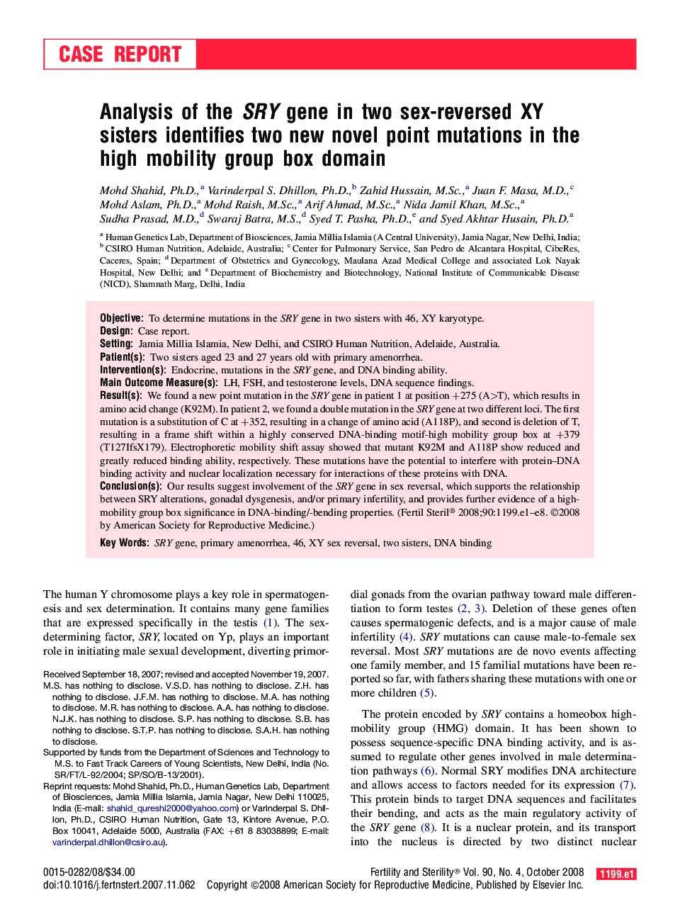 Analysis of the SRY gene in two sex-reversed XY sisters identifies two new novel point mutations in the high mobility group box domain