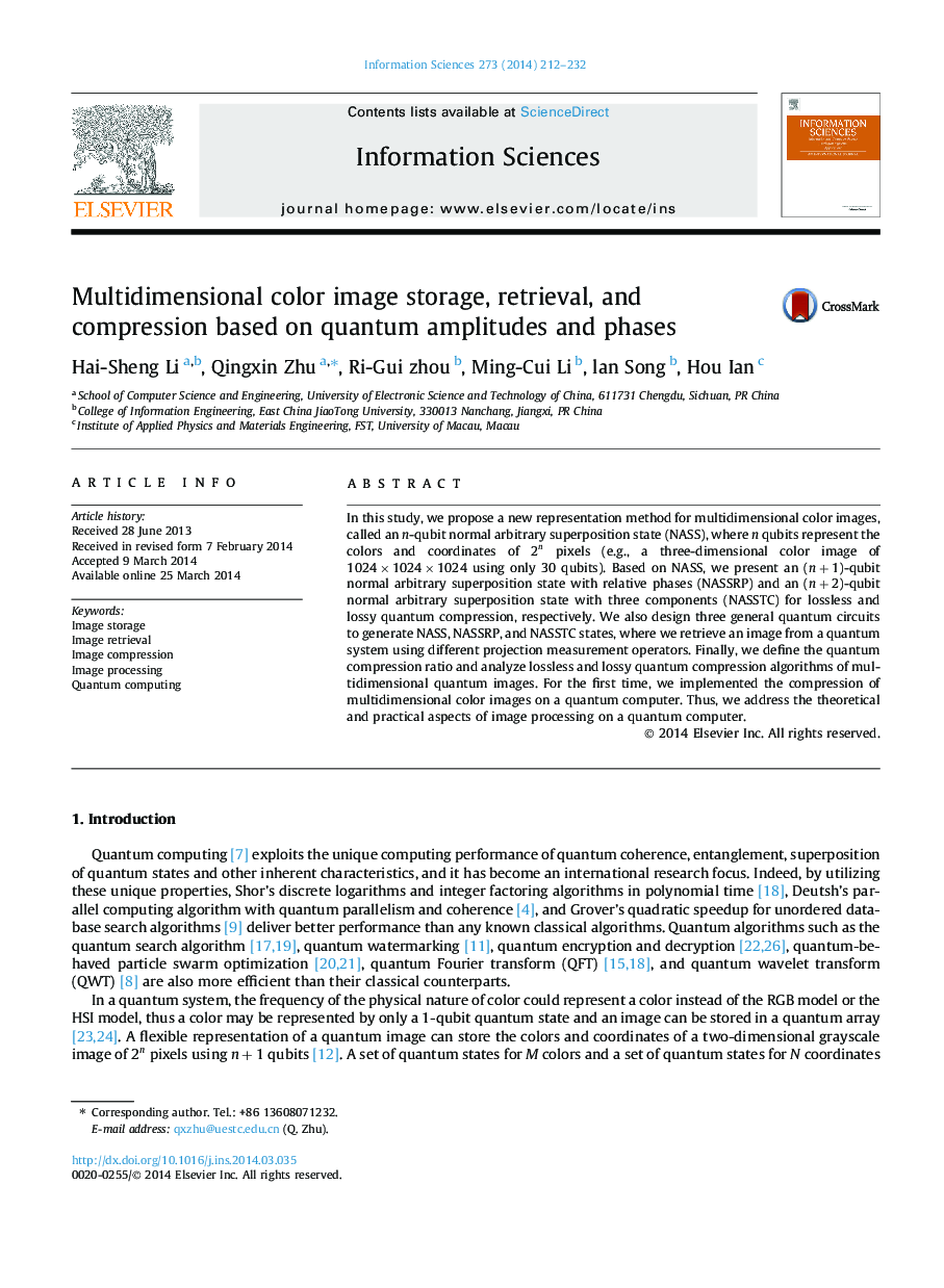 Multidimensional color image storage, retrieval, and compression based on quantum amplitudes and phases