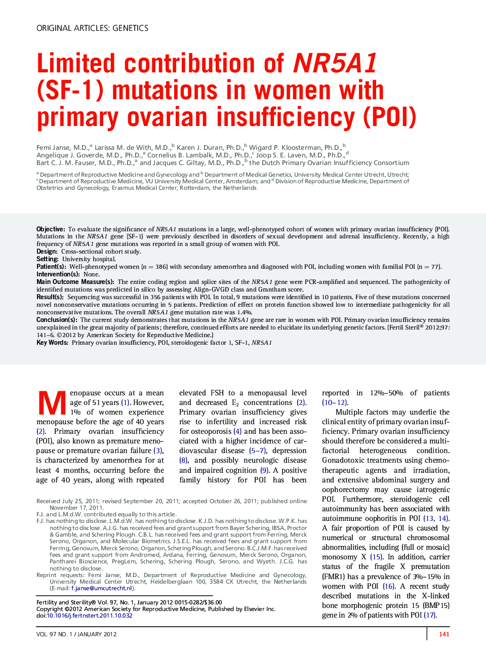 Limited contribution of NR5A1 (SF-1) mutations in women with primary ovarian insufficiency (POI)