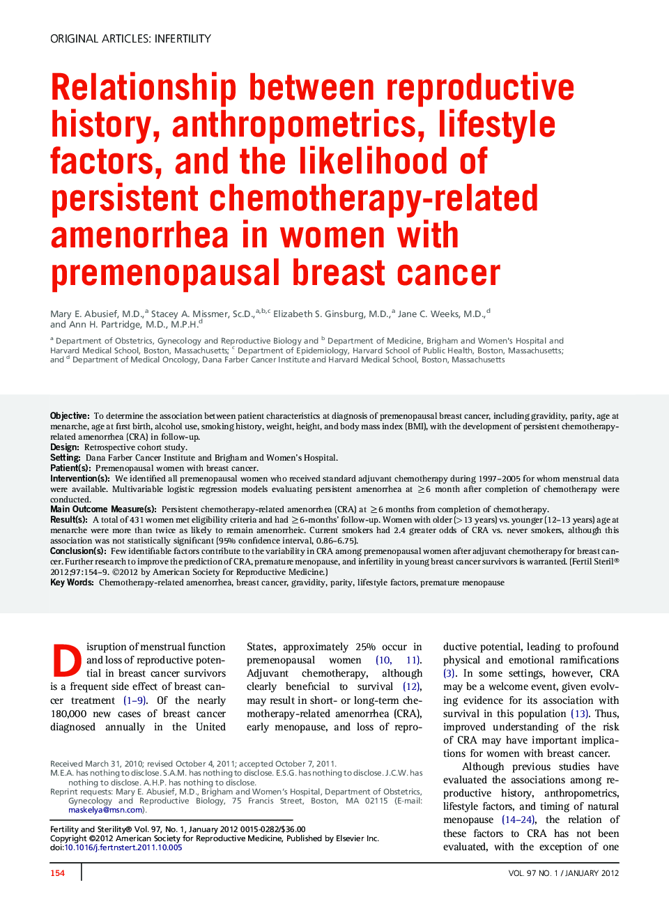 Relationship between reproductive history, anthropometrics, lifestyle factors, and the likelihood of persistent chemotherapy-related amenorrhea in women with premenopausal breast cancer 